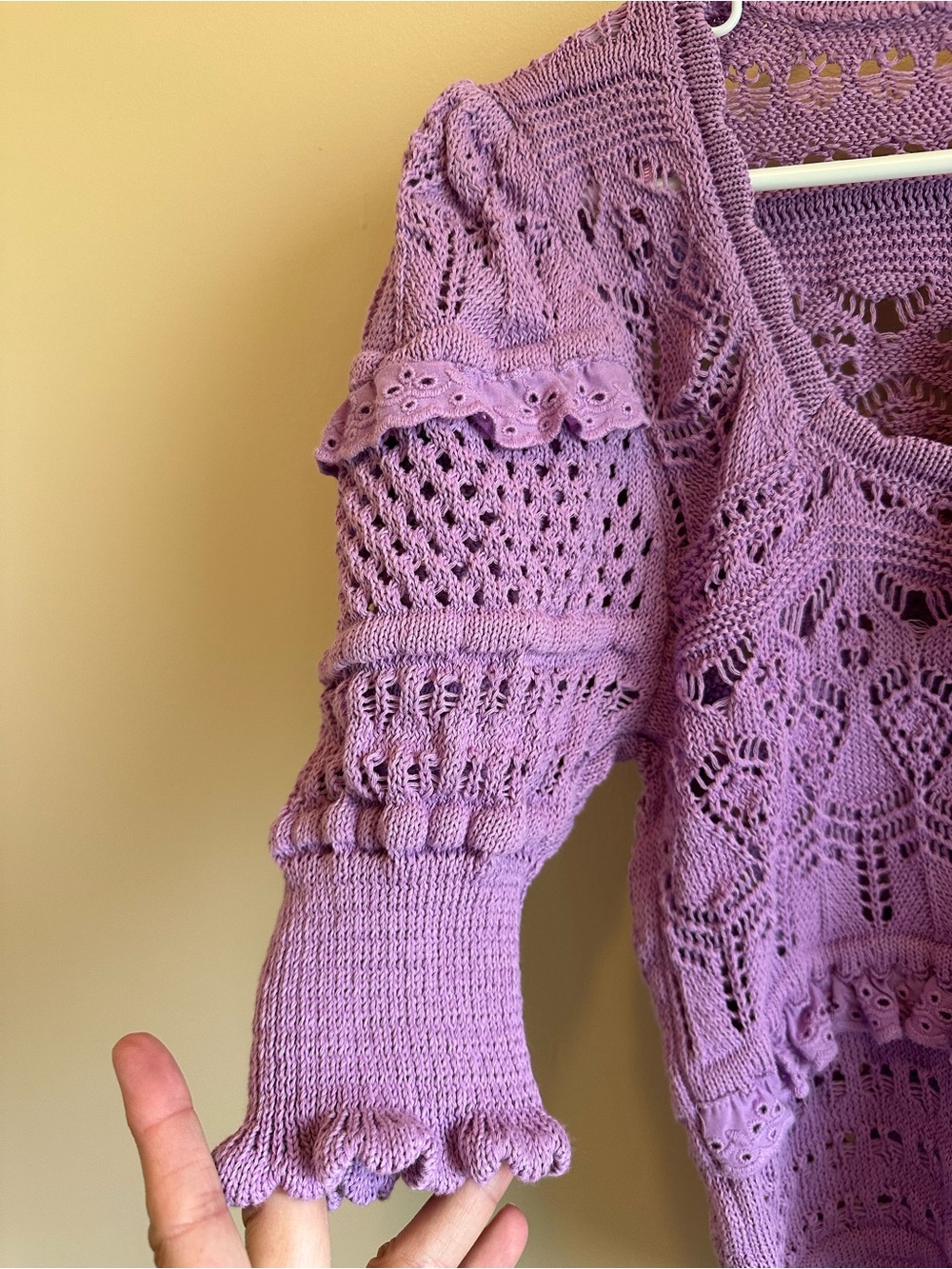 NWT Women’s M Zara Pointelle Knit Crochet Crop Sweater Purple Puff Sleeves - Picture 6 of 7